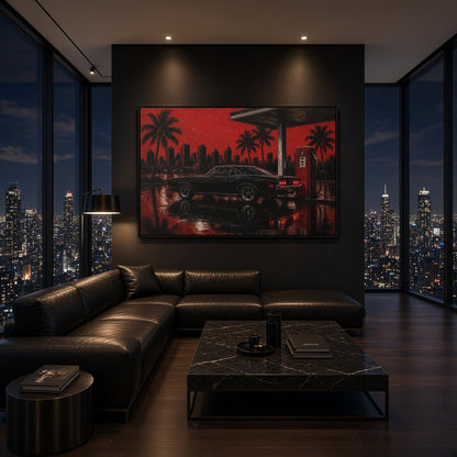 Framed canvas wall art with red palm city nightscape and black muscle car