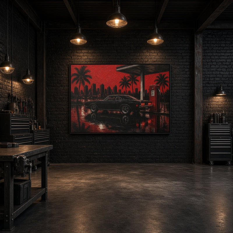 Framed canvas wall art showing a red night scene with palm trees and muscle car