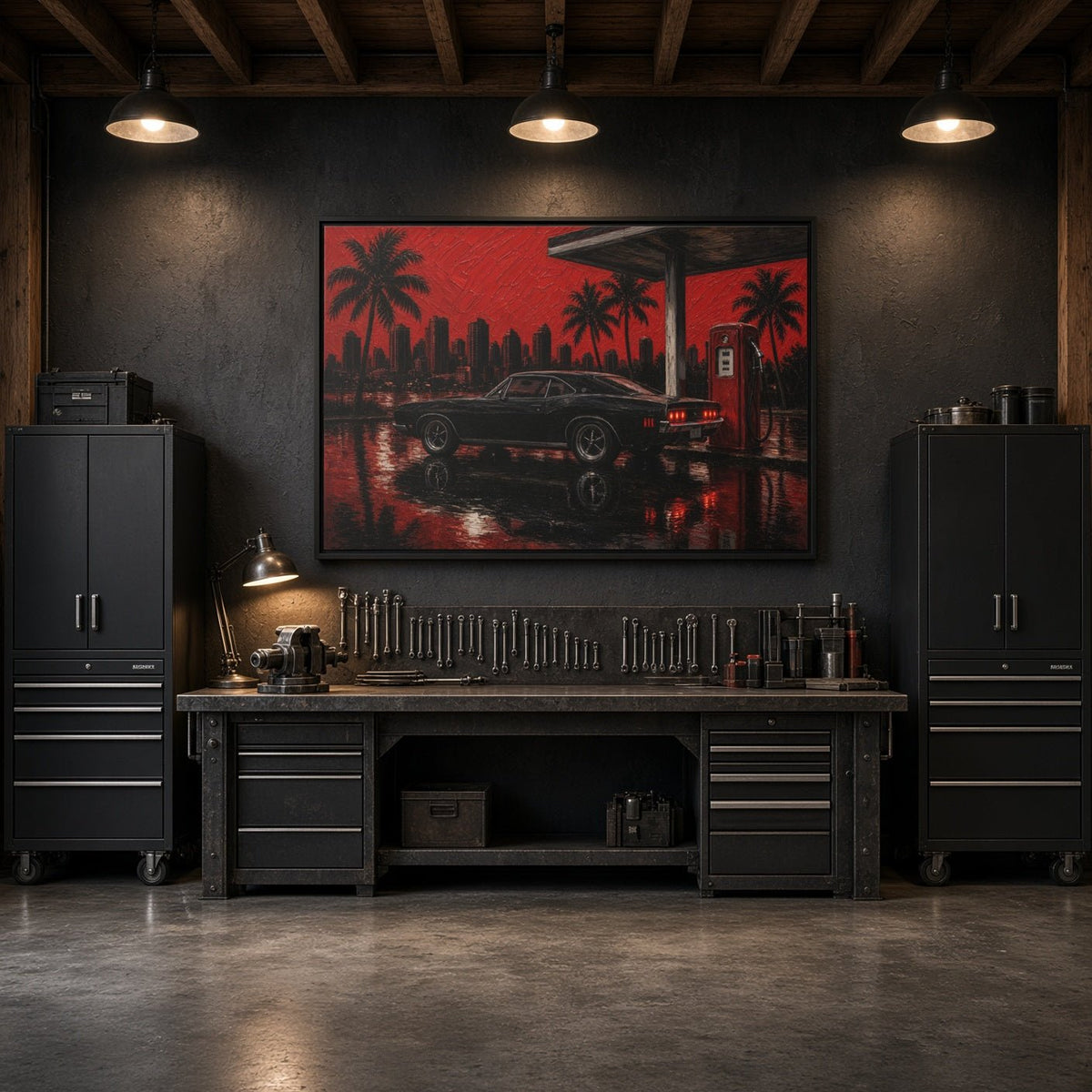 Framed canvas wall art showing red palm skyline with a muscle car on wet road