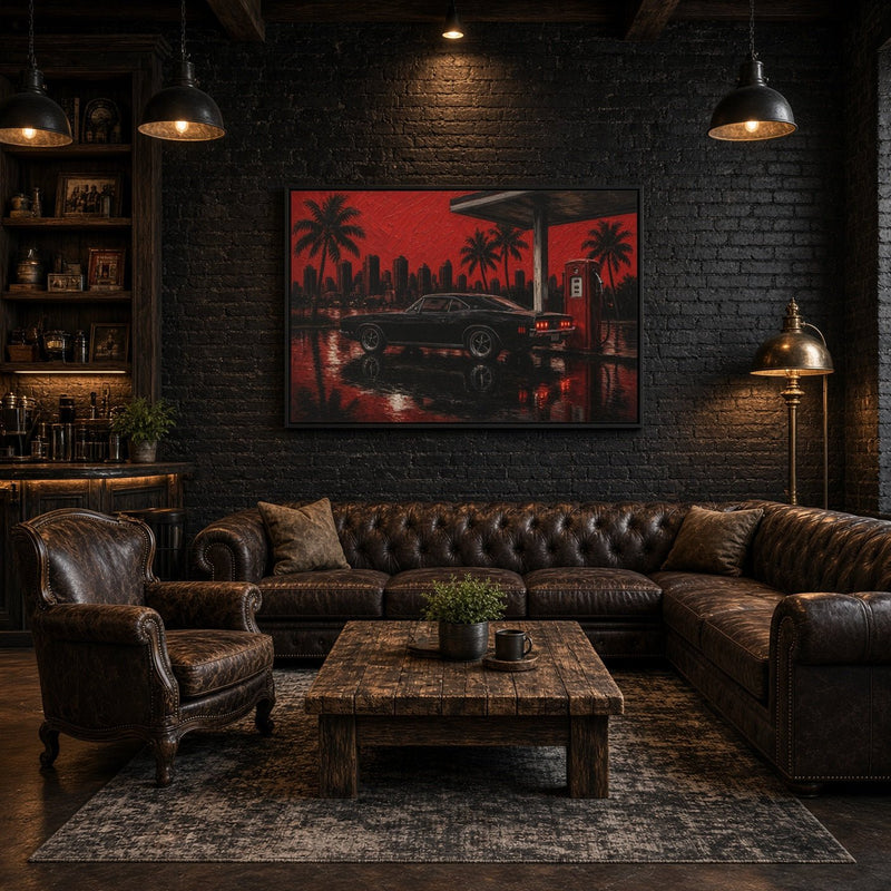 Framed canvas wall art with red night city, palm trees, and muscle car reflection