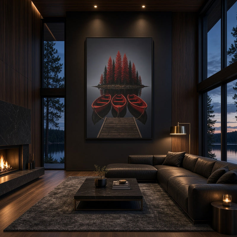 Framed canvas wall art featuring red boats and pine trees centered on a dark image