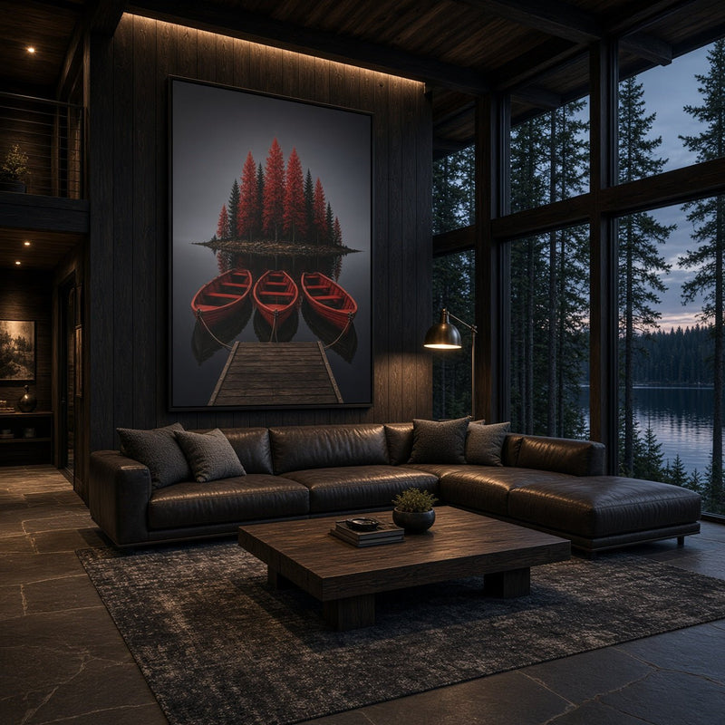 Framed canvas wall art with red boats and evergreen trees against dark backdrop