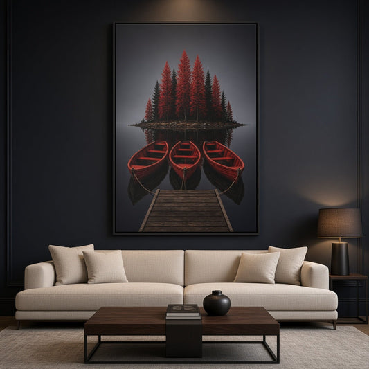 Framed canvas wall art with red boats and tall pine trees over a dark scene