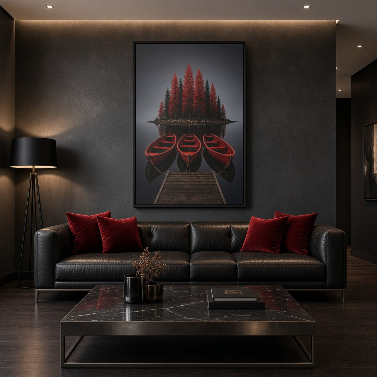 Framed canvas wall art featuring red boats and forest trees in dark gray tones