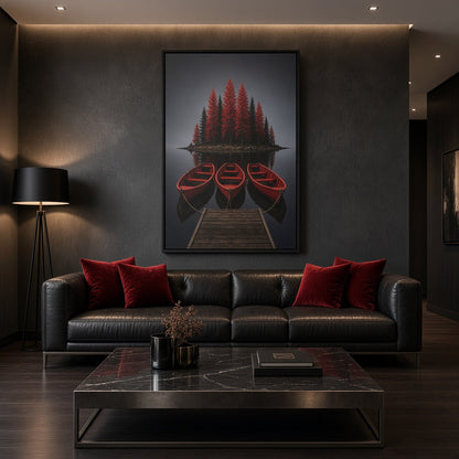 Framed canvas wall art featuring red boats and forest trees in dark gray tones