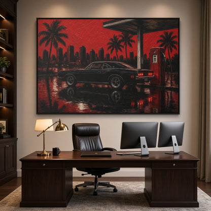 Framed canvas wall art of a black muscle car on wet pavement under a red sky