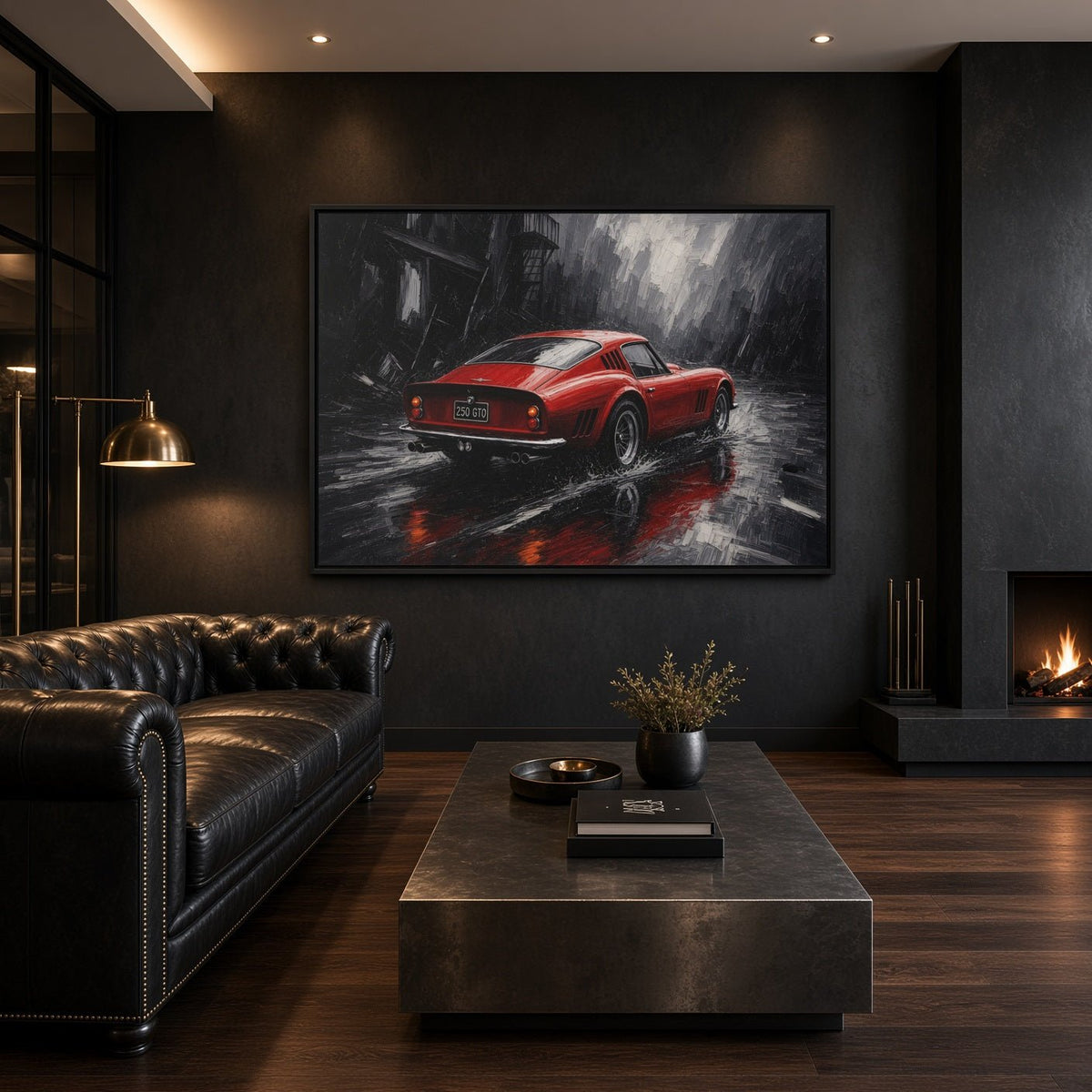 Framed canvas wall art of a red vintage coupe in rain, black frame