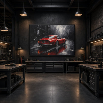 Framed canvas wall art: red vintage coupe in the rain with reflective wet road, black frame