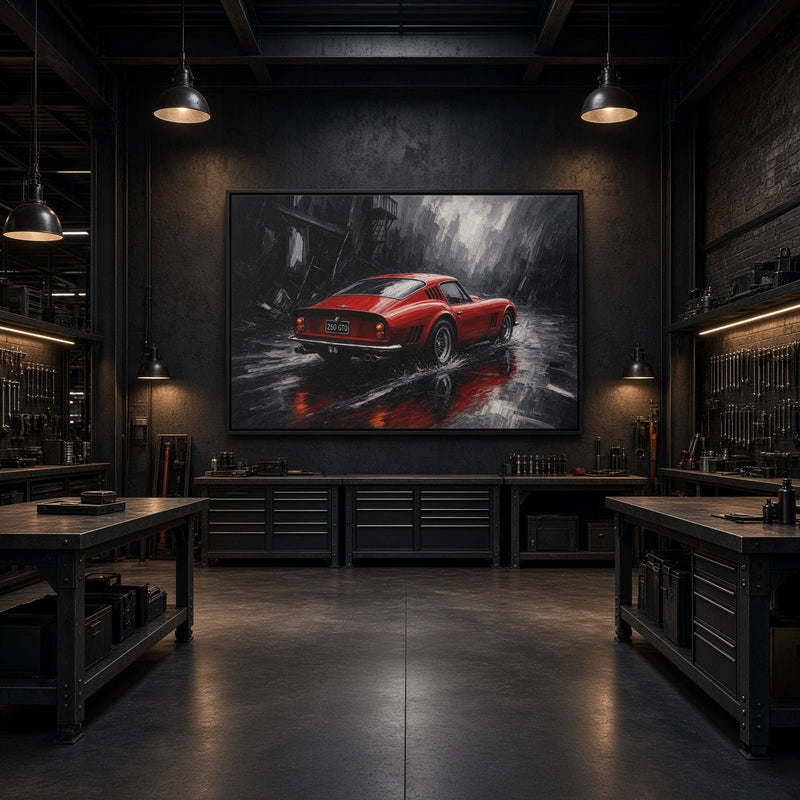 Framed canvas wall art: red vintage coupe in the rain with reflective wet road, black frame