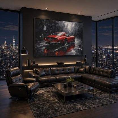 Framed canvas wall art of a red vintage coupe in rainy weather, black frame