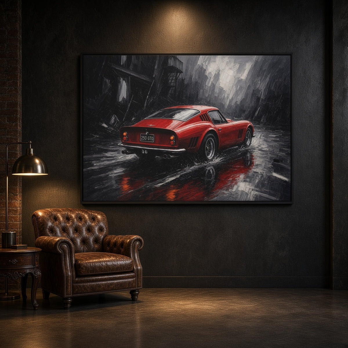 Framed canvas wall art featuring a red vintage coupe in the rain, black frame