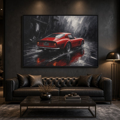 Framed canvas wall art: red vintage coupe on a rainy street, black frame