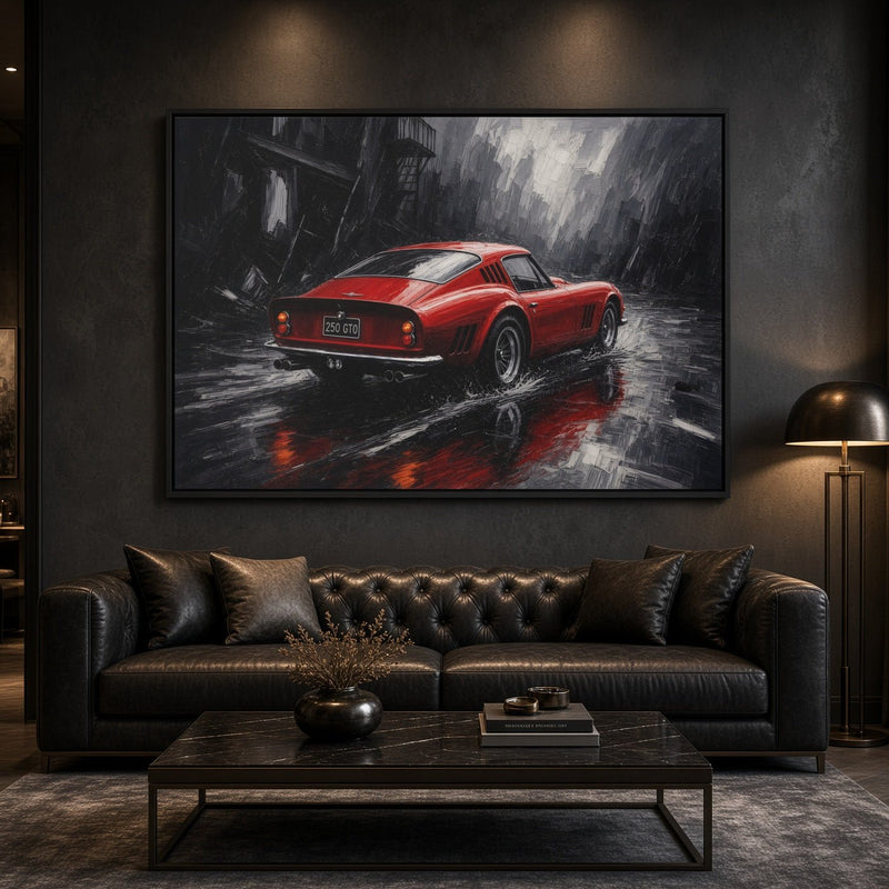Framed canvas wall art: red vintage coupe on a rainy street, black frame