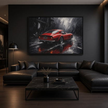 Framed canvas wall art of a red vintage coupe driving in rain, black frame