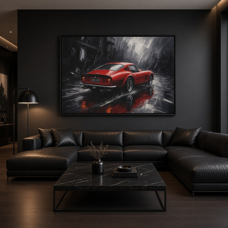 Framed canvas wall art of a red vintage coupe driving in rain, black frame