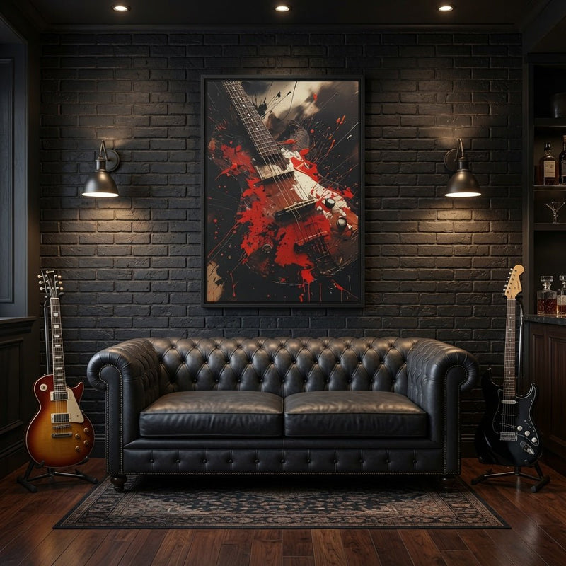 Framed electric guitar wall art with bold red splashes over a dark guitar image