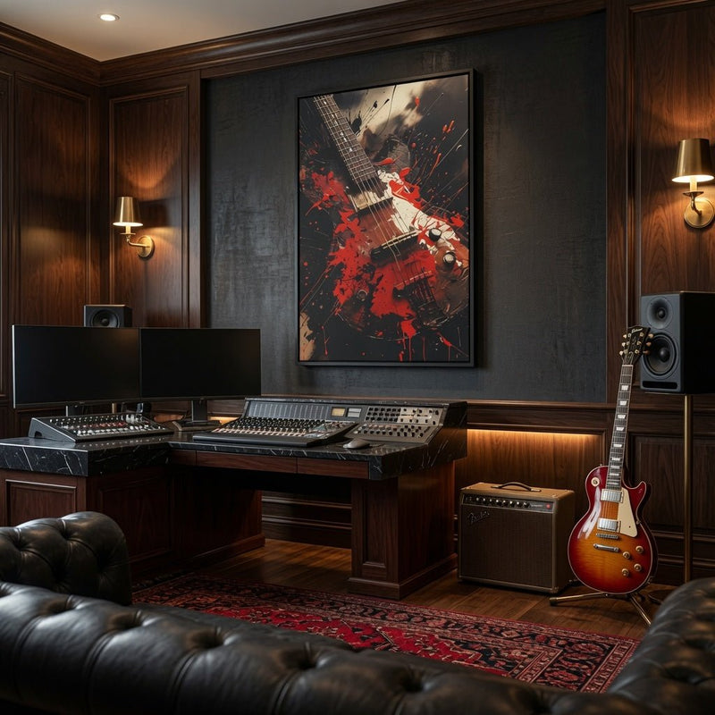 Framed electric guitar wall art featuring red splatter and black-and-white guitar details