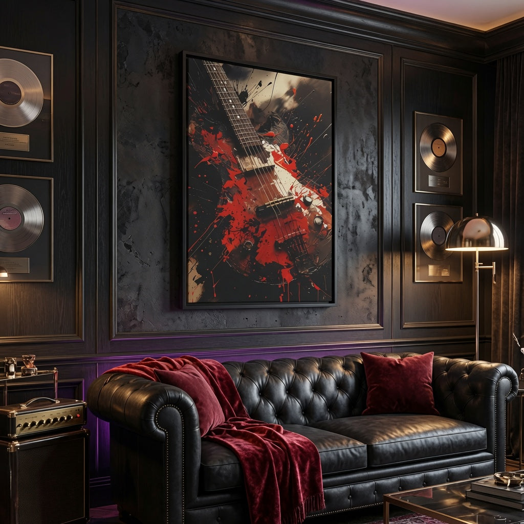 Electric Guitar Red Splash Matte Canvas Framed | Music Wall Art