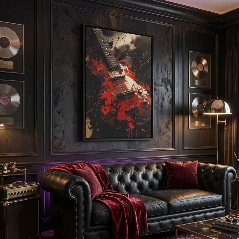 Framed electric guitar wall art with red paint splashes and a diagonal neck
