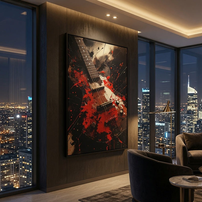Framed electric guitar wall art showing red splatter across white guitar shapes