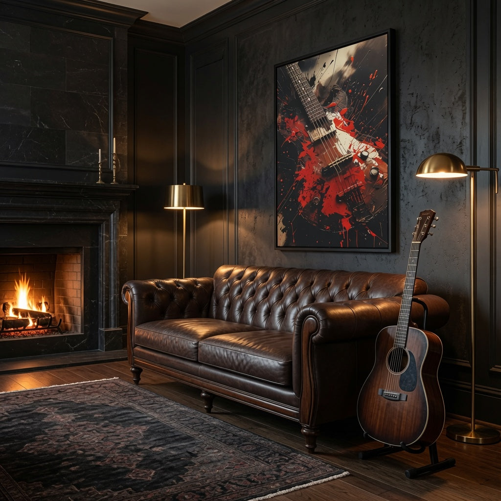 Electric Guitar Red Splash Matte Canvas Framed | Music Wall Art