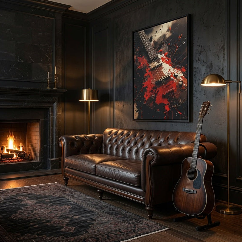 Black framed vertical electric guitar wall art canvas with red splashed paint graphic.