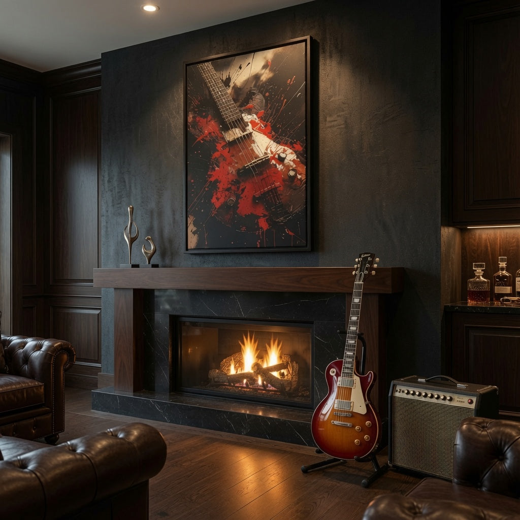 Electric Guitar Red Splash Matte Canvas Framed | Music Wall Art