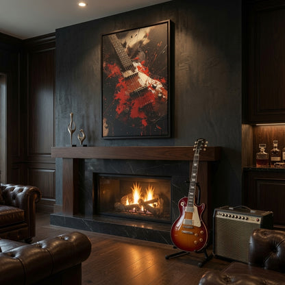 Electric Guitar Red Splash Matte Canvas Framed | Music Wall Art