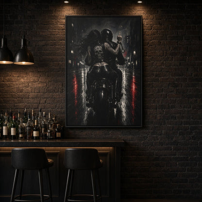 Framed black-and-white biker canvas print with red vertical accents, portrait