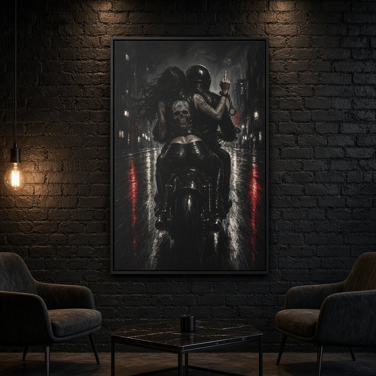 Framed biker canvas in black frame with monochrome skeleton rider and red streaks