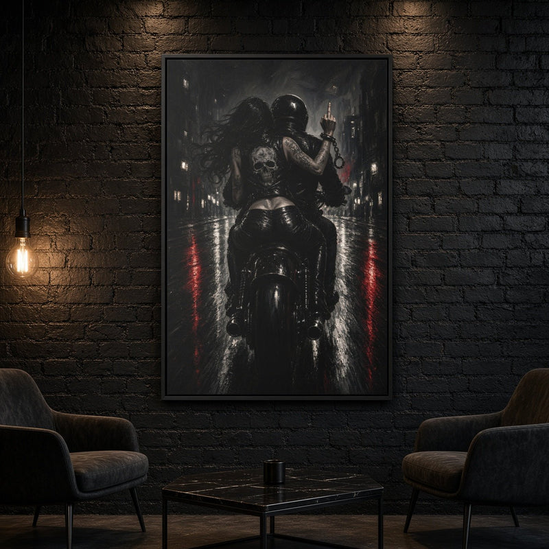 Framed biker canvas in black frame with monochrome skeleton rider and red streaks