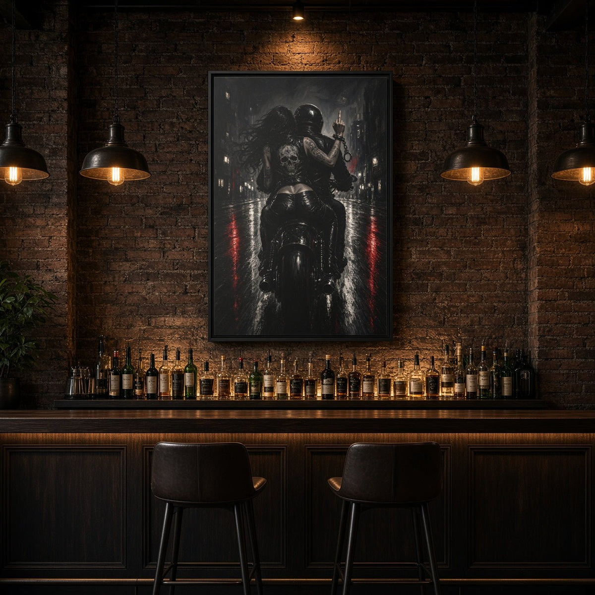 Framed black-and-white biker canvas wall art with red vertical light accents