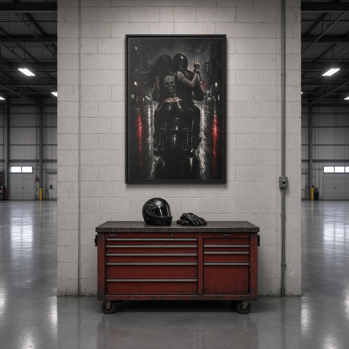 Framed black-and-white biker canvas wall art with red vertical accents