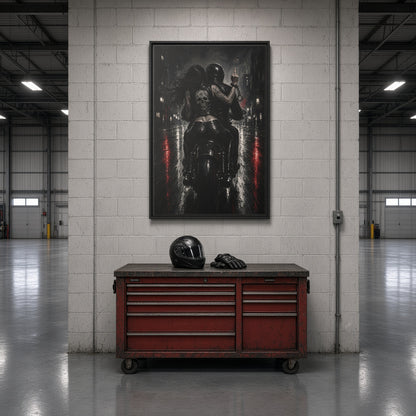 Framed black-and-white biker canvas wall art with red vertical accents