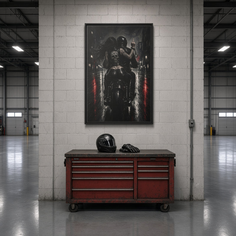 Framed black-and-white biker canvas wall art with red vertical accents