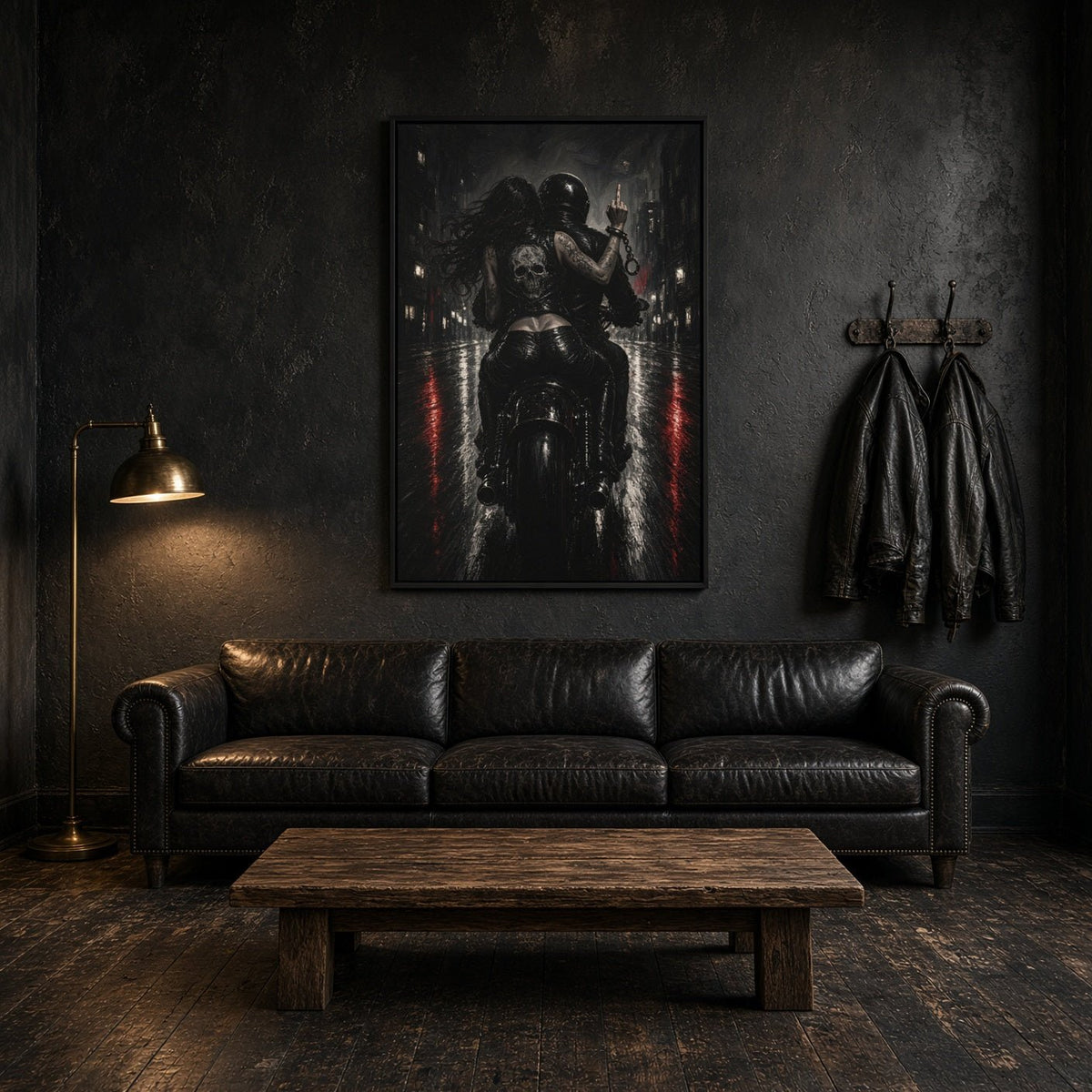 Black-framed biker canvas with monochrome skeleton rider on motorcycle, red lane glow