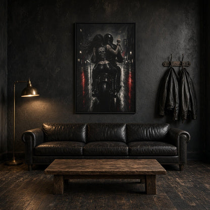 Black-framed biker canvas with monochrome skeleton rider on motorcycle, red lane glow