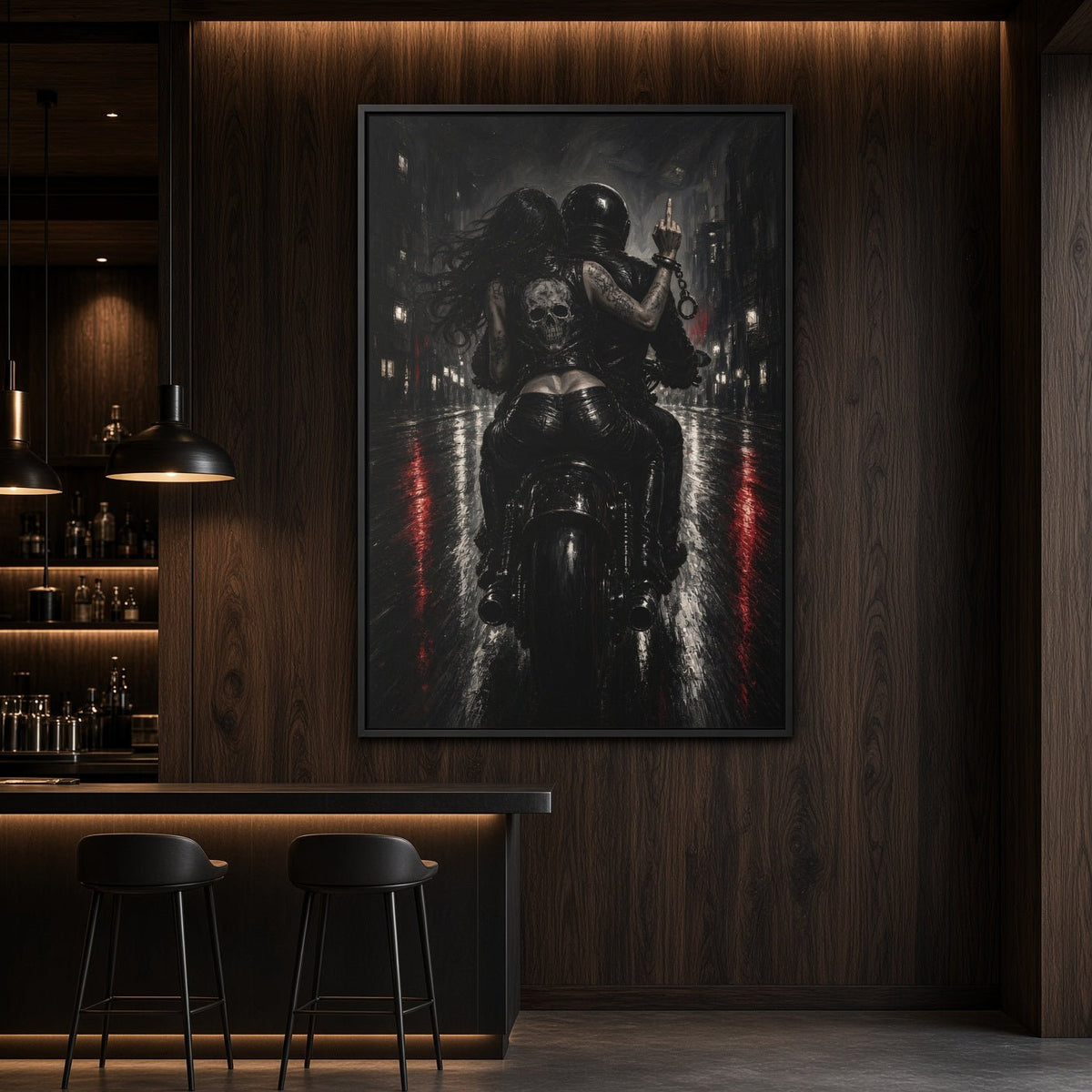 Framed black-and-white biker canvas wall art with red vertical accents, centered