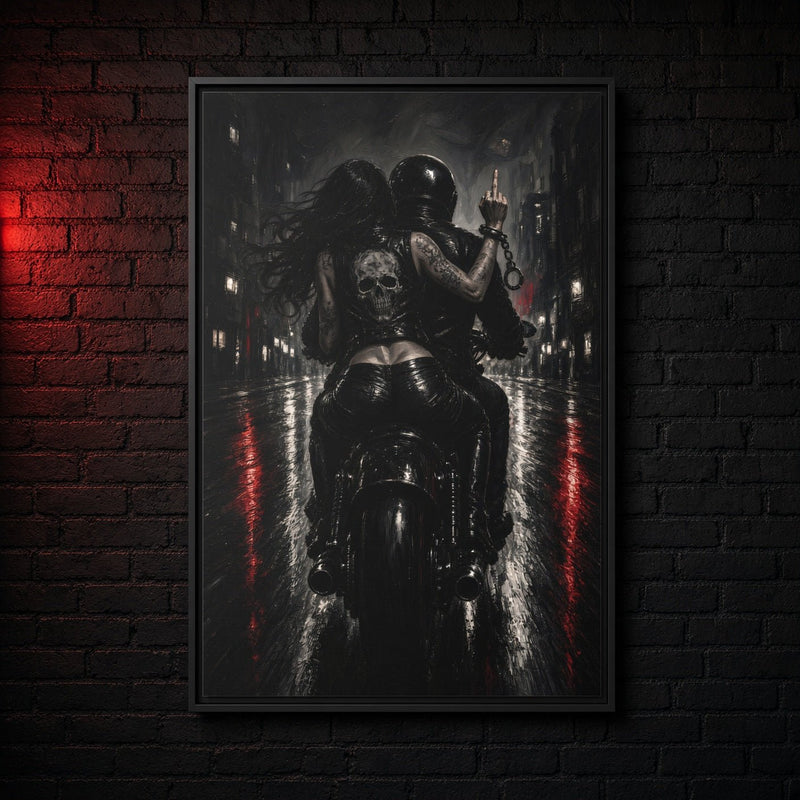 Framed black-and-white biker canvas with red road highlights and skeleton rider
