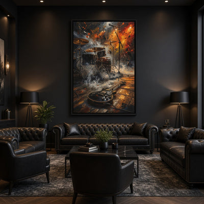 Framed wall art canvas with electric guitar, drum set, smoke, and bold orange paint details