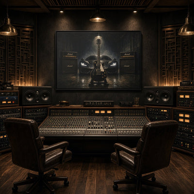 Framed canvas wall art featuring a black electric guitar centered above a control setup