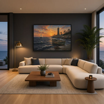 Sunset coastal canvas with a lighthouse, rowboat, rocky shore, and sailboat