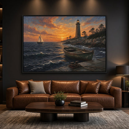 Framed coastal canvas showing a lighthouse, sailboat, and rowboat against a sunset sky