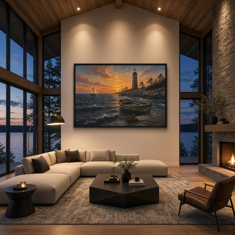 Coastal lighthouse canvas with a rowboat on choppy water beneath an orange sunset