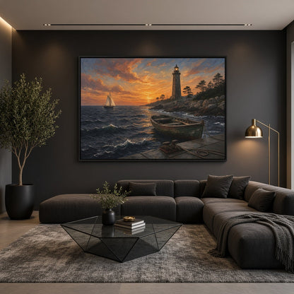 Landscape canvas of a rowboat by a rocky shore, with a lighthouse and sailboat at sunset
