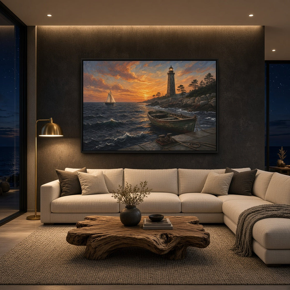 Sunset seascape canvas featuring a lighthouse, rocky coast, rowboat, and distant sailboat