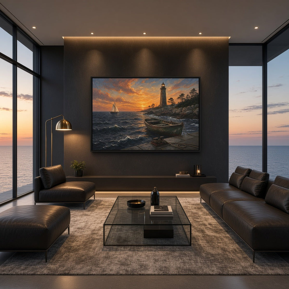 Framed sunset canvas showing a lighthouse, rowboat on shore, and sailboat at sea