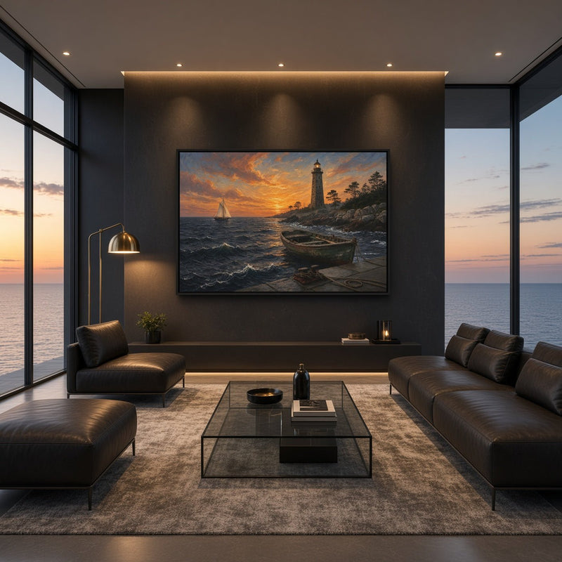 Framed sunset canvas showing a lighthouse, rowboat on shore, and sailboat at sea