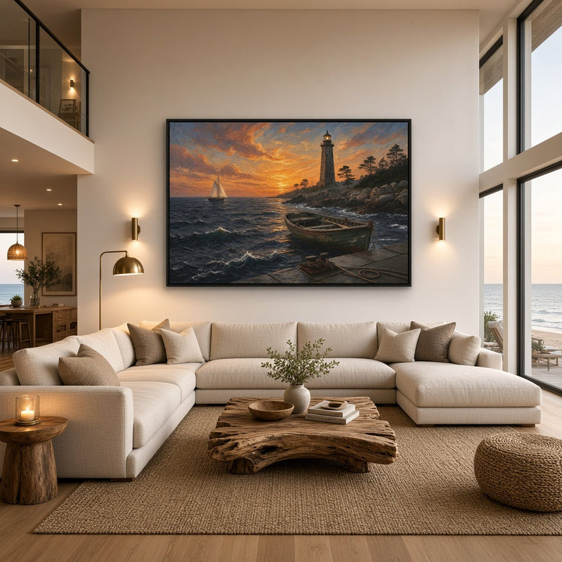 Coastal lighthouse artwork with a rowboat in the foreground and sailboat on the water