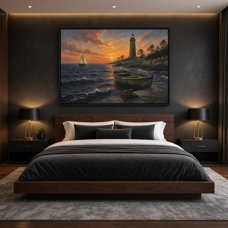 Lighthouse and rowboat canvas depicting a rocky coast, waves, and sailboat at sunset